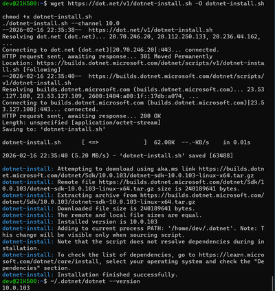 dotnet-install script output ending with dotnet SDK version
