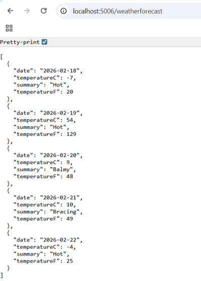 Browser showing localhost weatherforecast JSON response