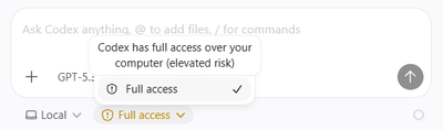 Codex mode picker set to Full access