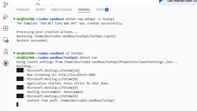VS Code terminal output showing dotnet run and Now listening on localhost
