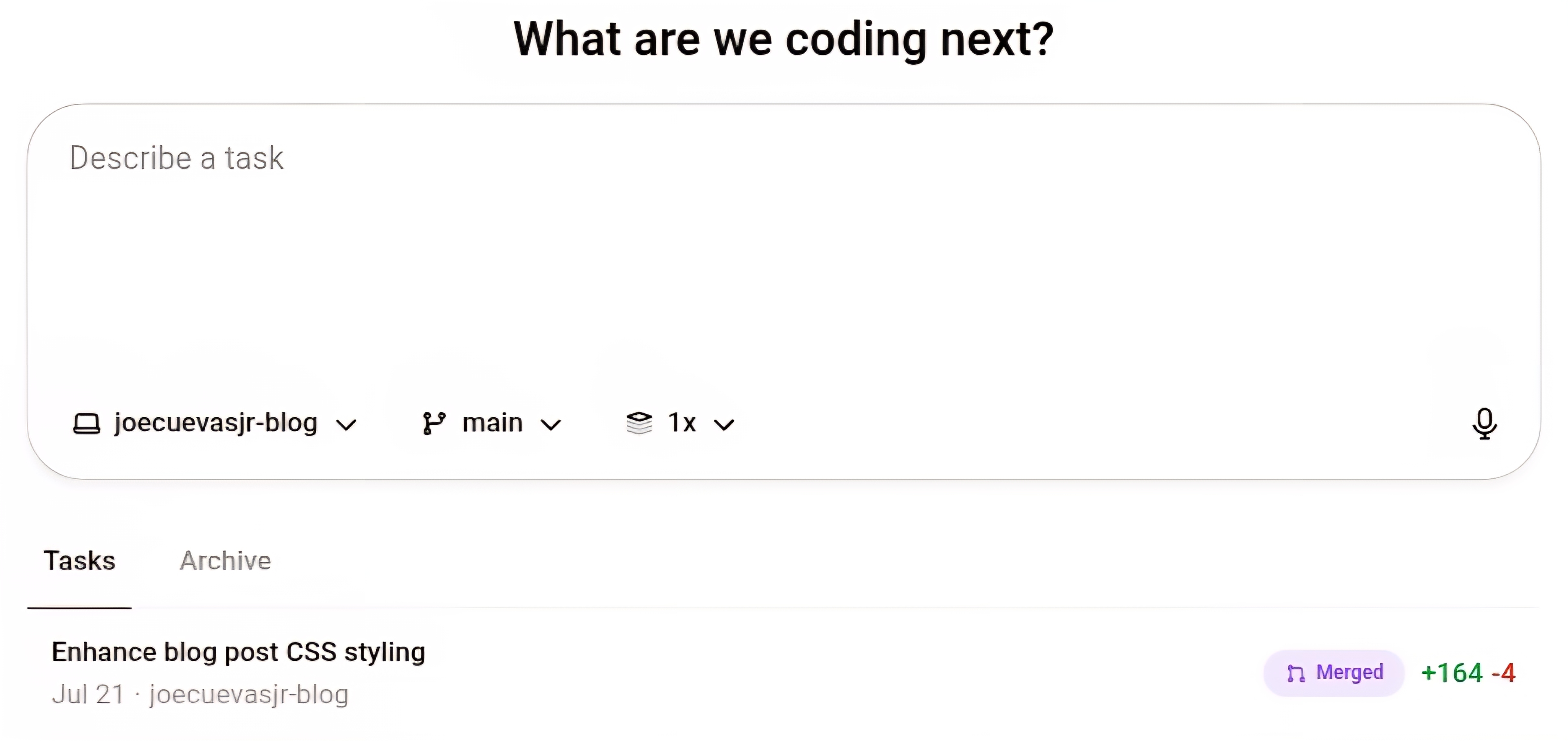 Codex task UI with completed PR